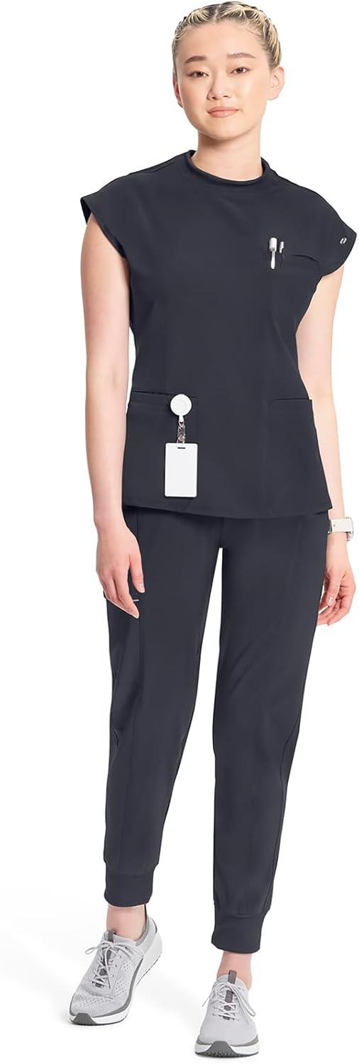 imageCherokee Infinity Womens Mock Neck Scrub Top 4 Pockets Dolman Sleeves RibKnit Back Panel Stylish Medical Top CK742APewter