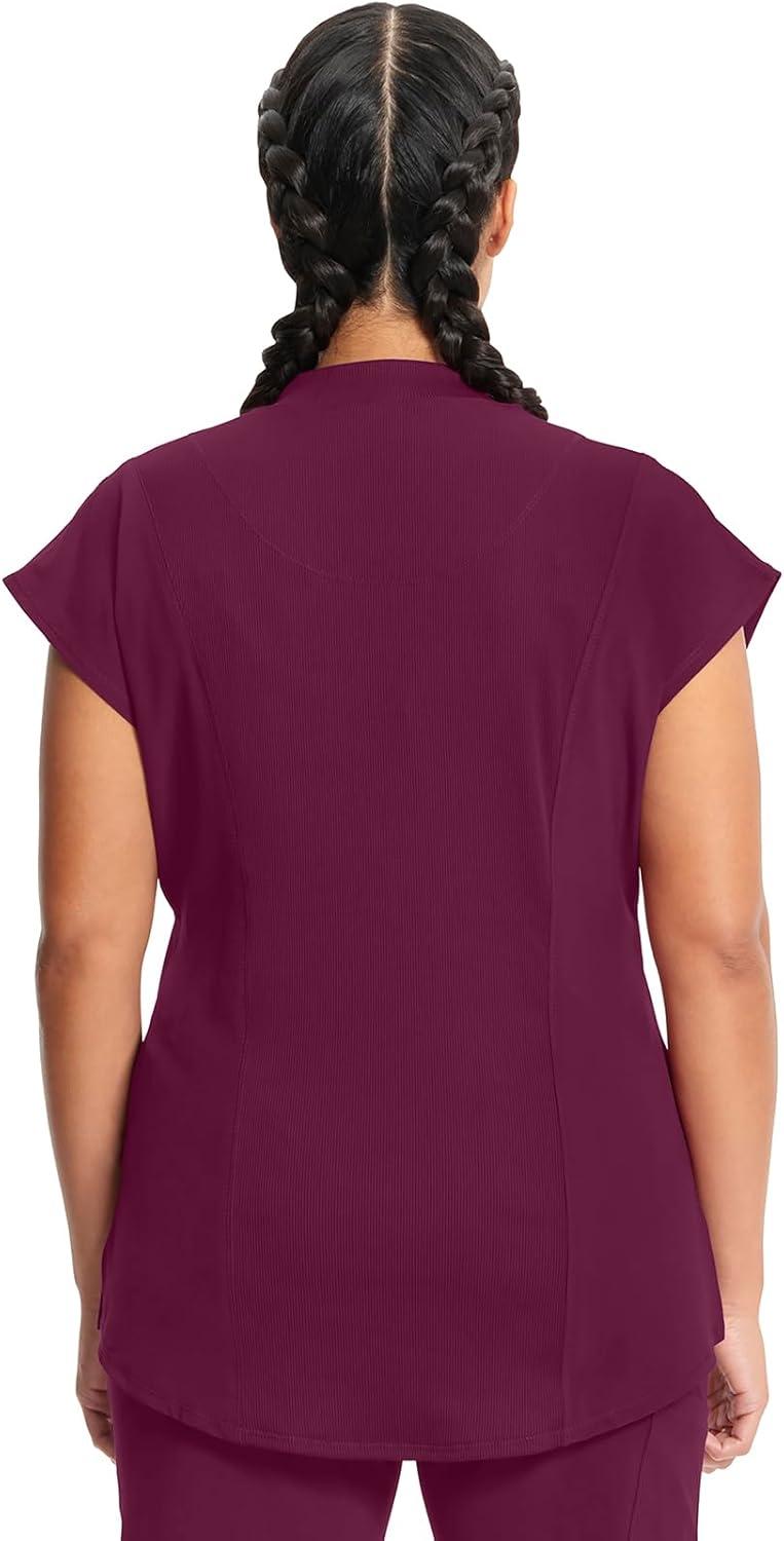 imageCherokee Infinity Womens Mock Neck Scrub Top 4 Pockets Dolman Sleeves RibKnit Back Panel Stylish Medical Top CK742AWine
