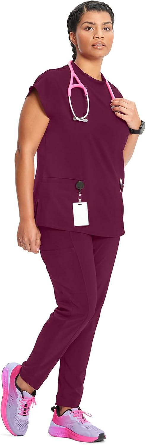 imageCherokee Infinity Womens Mock Neck Scrub Top 4 Pockets Dolman Sleeves RibKnit Back Panel Stylish Medical Top CK742AWine