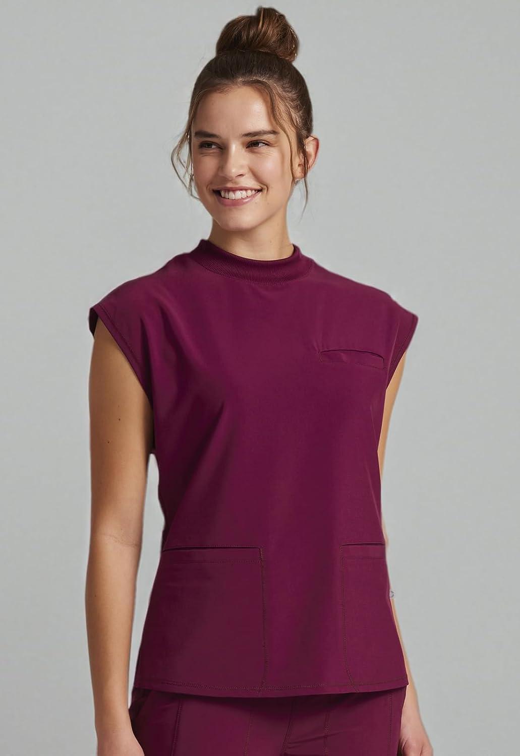 imageCherokee Infinity Womens Mock Neck Scrub Top 4 Pockets Dolman Sleeves RibKnit Back Panel Stylish Medical Top CK742AWine
