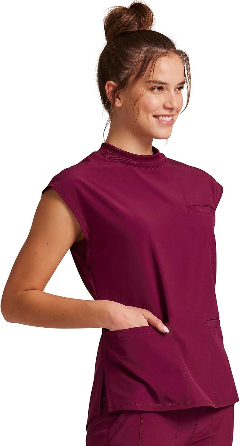imageCherokee Infinity Womens Mock Neck Scrub Top 4 Pockets Dolman Sleeves RibKnit Back Panel Stylish Medical Top CK742AWine