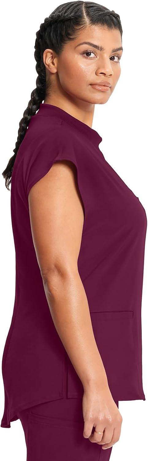 imageCherokee Infinity Womens Mock Neck Scrub Top 4 Pockets Dolman Sleeves RibKnit Back Panel Stylish Medical Top CK742AWine