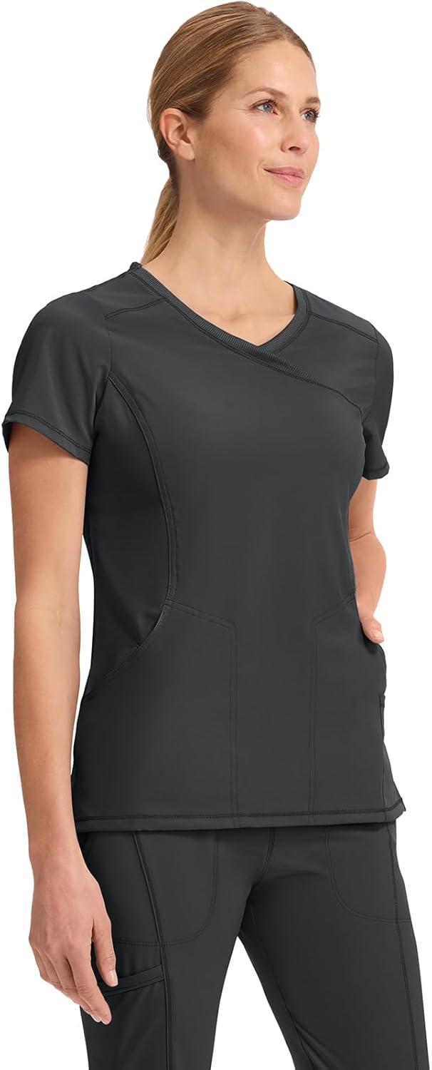 imageCherokee Infinity Womens Mock Wrap Scrub Top 4 Pockets RibKnit Panel MoistureWicking 360 Stretch 2625ABlack