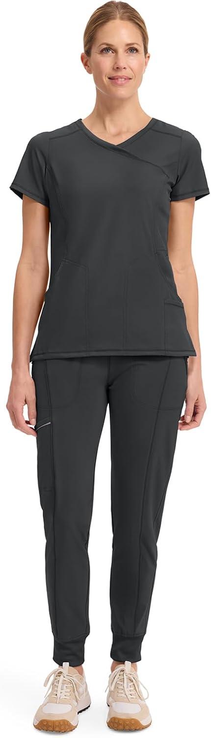 imageCherokee Infinity Womens Mock Wrap Scrub Top 4 Pockets RibKnit Panel MoistureWicking 360 Stretch 2625ABlack