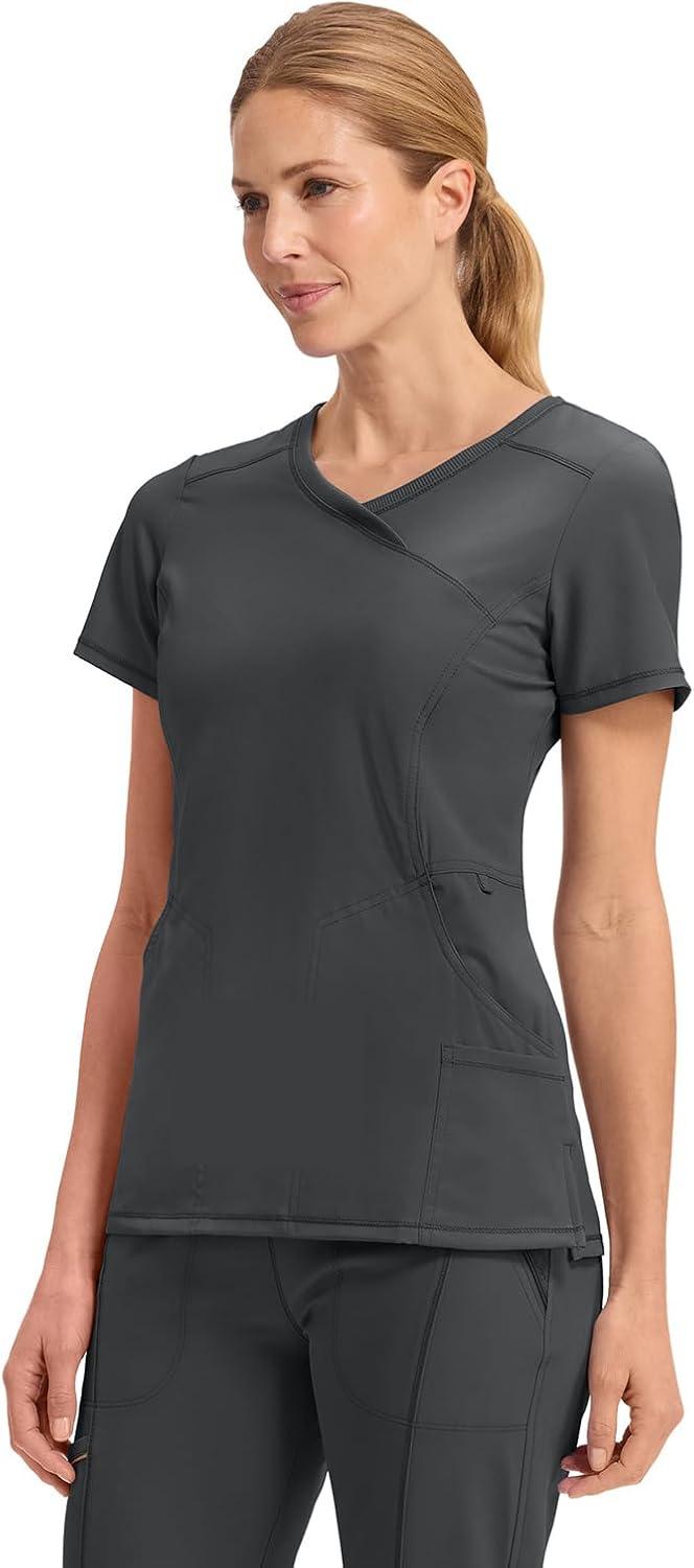 imageCherokee Infinity Womens Mock Wrap Scrub Top 4 Pockets RibKnit Panel MoistureWicking 360 Stretch 2625ABlack