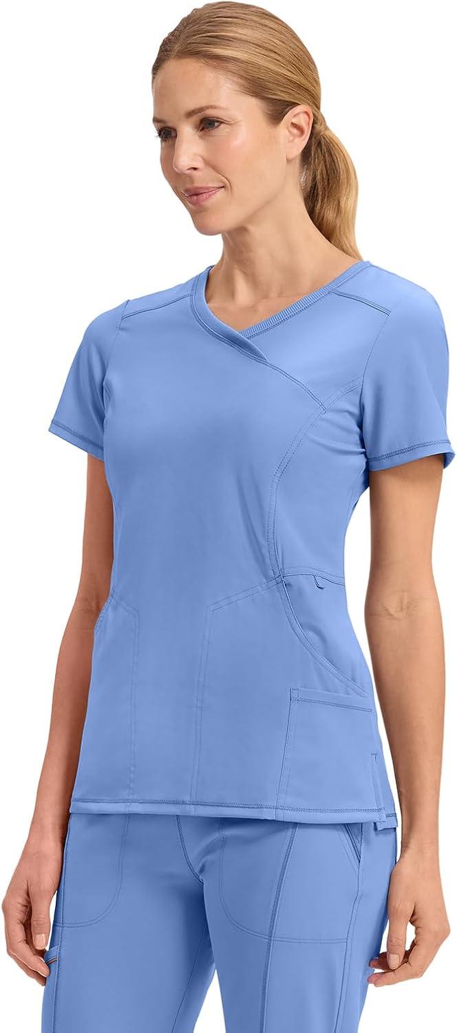 imageCherokee Infinity Womens Mock Wrap Scrub Top 4 Pockets RibKnit Panel MoistureWicking 360 Stretch 2625ABlue