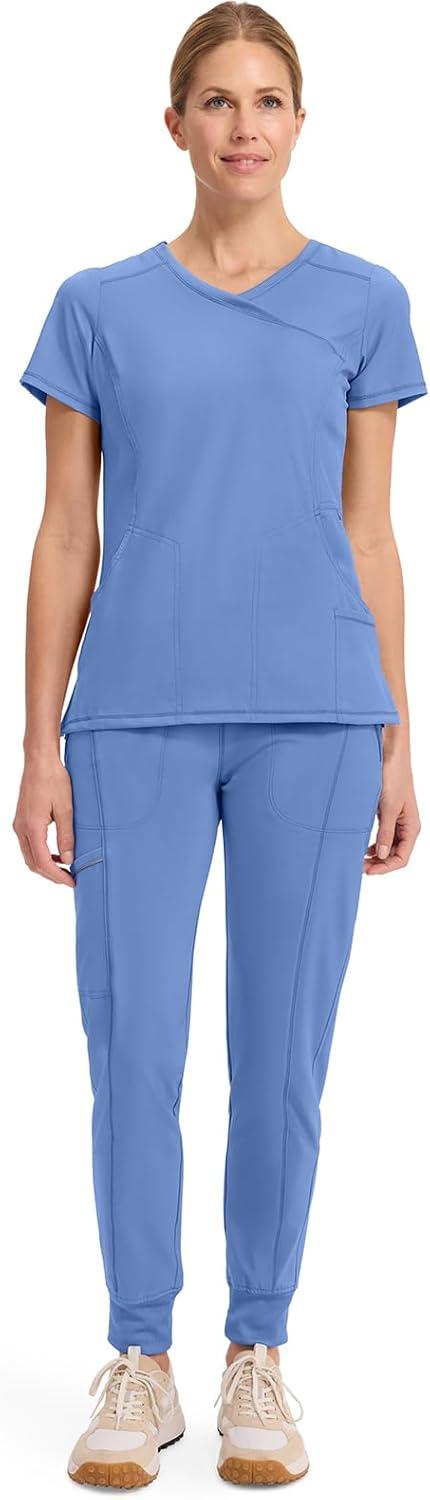 imageCherokee Infinity Womens Mock Wrap Scrub Top 4 Pockets RibKnit Panel MoistureWicking 360 Stretch 2625ABlue