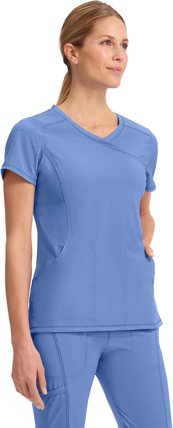 imageCherokee Infinity Womens Mock Wrap Scrub Top 4 Pockets RibKnit Panel MoistureWicking 360 Stretch 2625ABlue