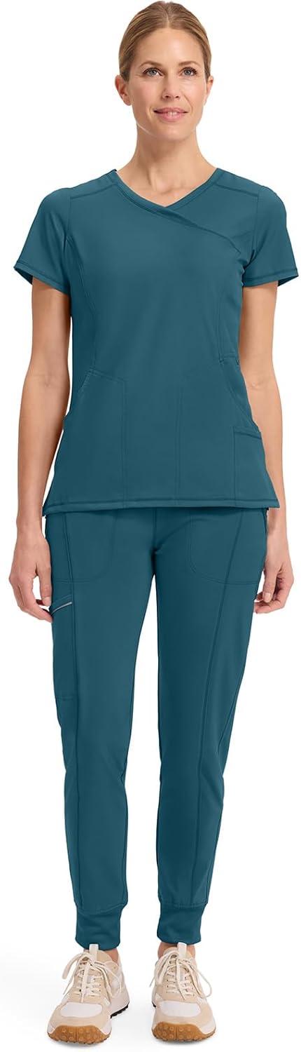 imageCherokee Infinity Womens Mock Wrap Scrub Top 4 Pockets RibKnit Panel MoistureWicking 360 Stretch 2625ACaribbean Blue