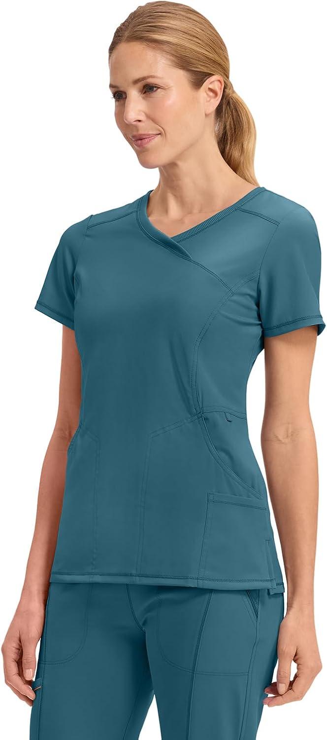 imageCherokee Infinity Womens Mock Wrap Scrub Top 4 Pockets RibKnit Panel MoistureWicking 360 Stretch 2625ACaribbean Blue