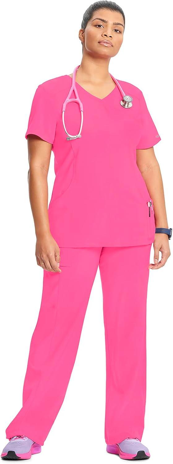 imageCherokee Infinity Womens Mock Wrap Scrub Top 4 Pockets RibKnit Panel MoistureWicking 360 Stretch 2625ACarmine Pink
