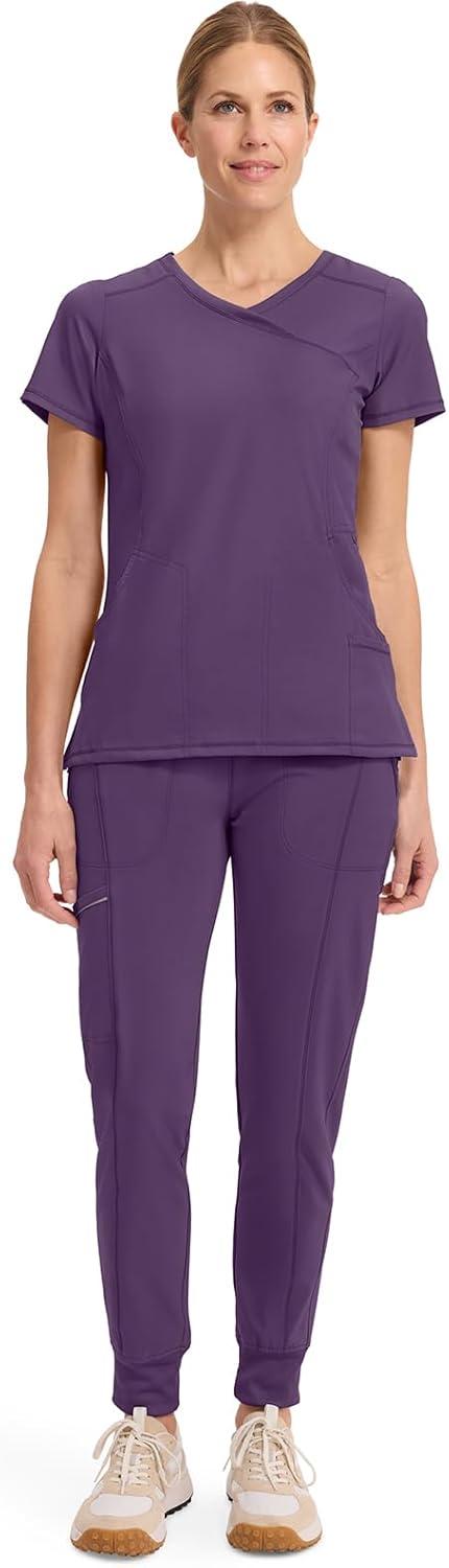 imageCherokee Infinity Womens Mock Wrap Scrub Top 4 Pockets RibKnit Panel MoistureWicking 360 Stretch 2625AEggplant