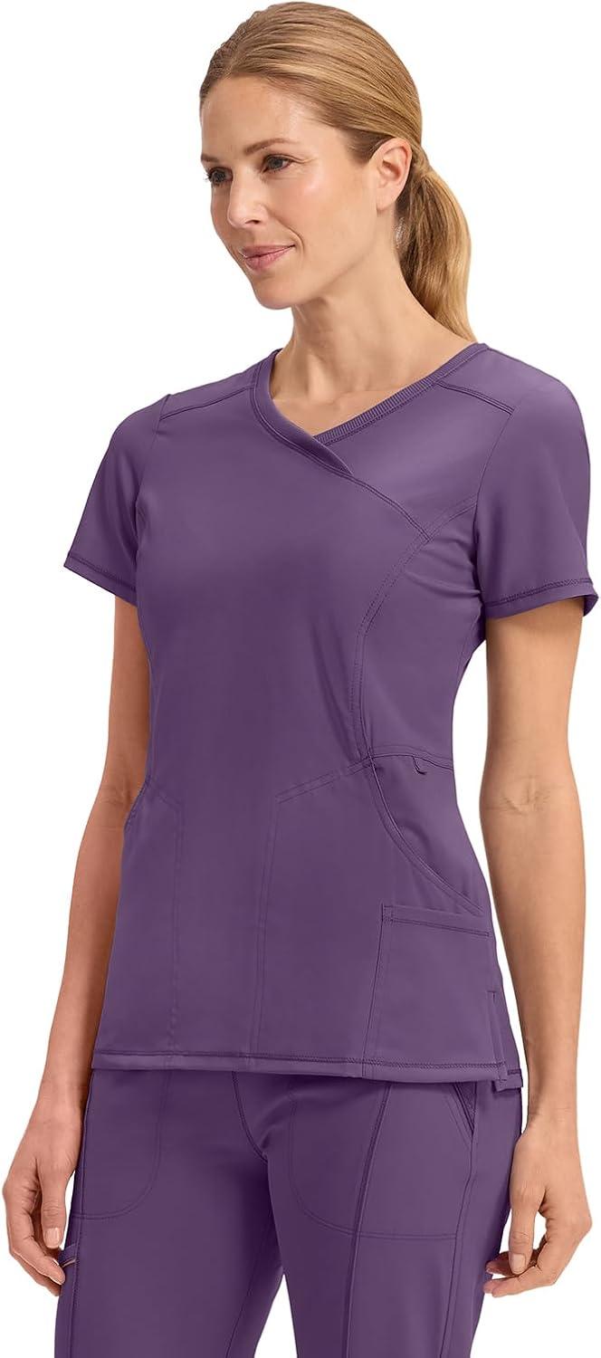 imageCherokee Infinity Womens Mock Wrap Scrub Top 4 Pockets RibKnit Panel MoistureWicking 360 Stretch 2625AEggplant