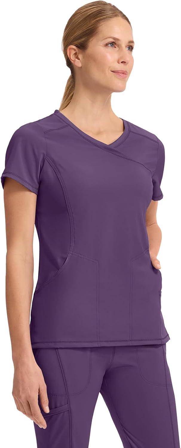 imageCherokee Infinity Womens Mock Wrap Scrub Top 4 Pockets RibKnit Panel MoistureWicking 360 Stretch 2625AEggplant