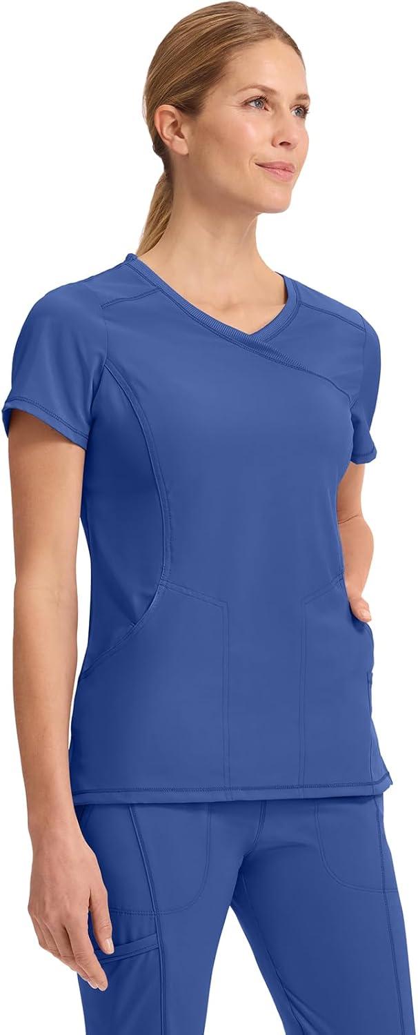 imageCherokee Infinity Womens Mock Wrap Scrub Top 4 Pockets RibKnit Panel MoistureWicking 360 Stretch 2625AGalaxy Blue