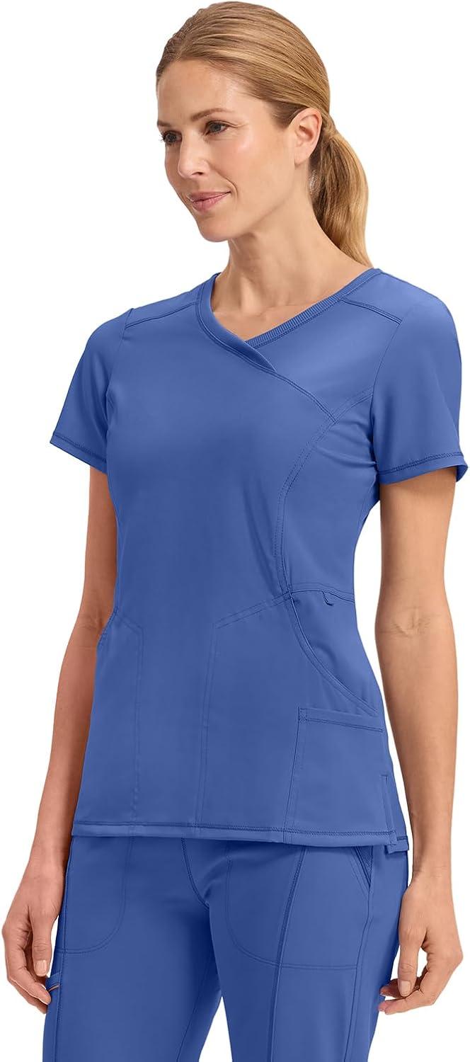 imageCherokee Infinity Womens Mock Wrap Scrub Top 4 Pockets RibKnit Panel MoistureWicking 360 Stretch 2625AGalaxy Blue