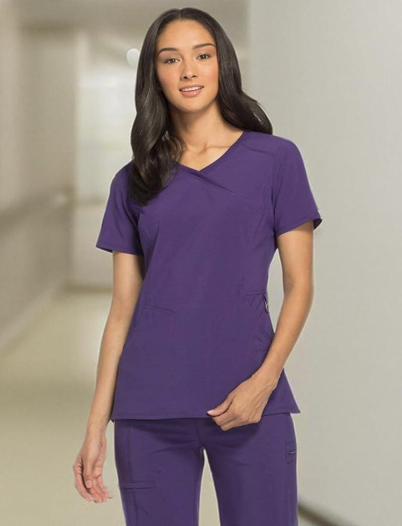imageCherokee Infinity Womens Mock Wrap Scrub Top 4 Pockets RibKnit Panel MoistureWicking 360 Stretch 2625AGrape
