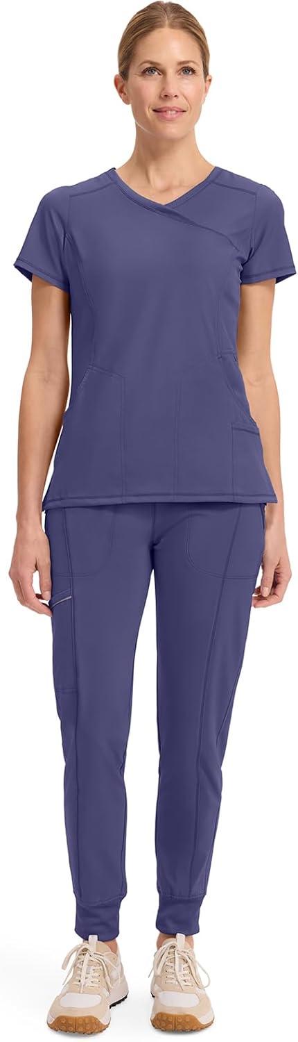 imageCherokee Infinity Womens Mock Wrap Scrub Top 4 Pockets RibKnit Panel MoistureWicking 360 Stretch 2625AGrape