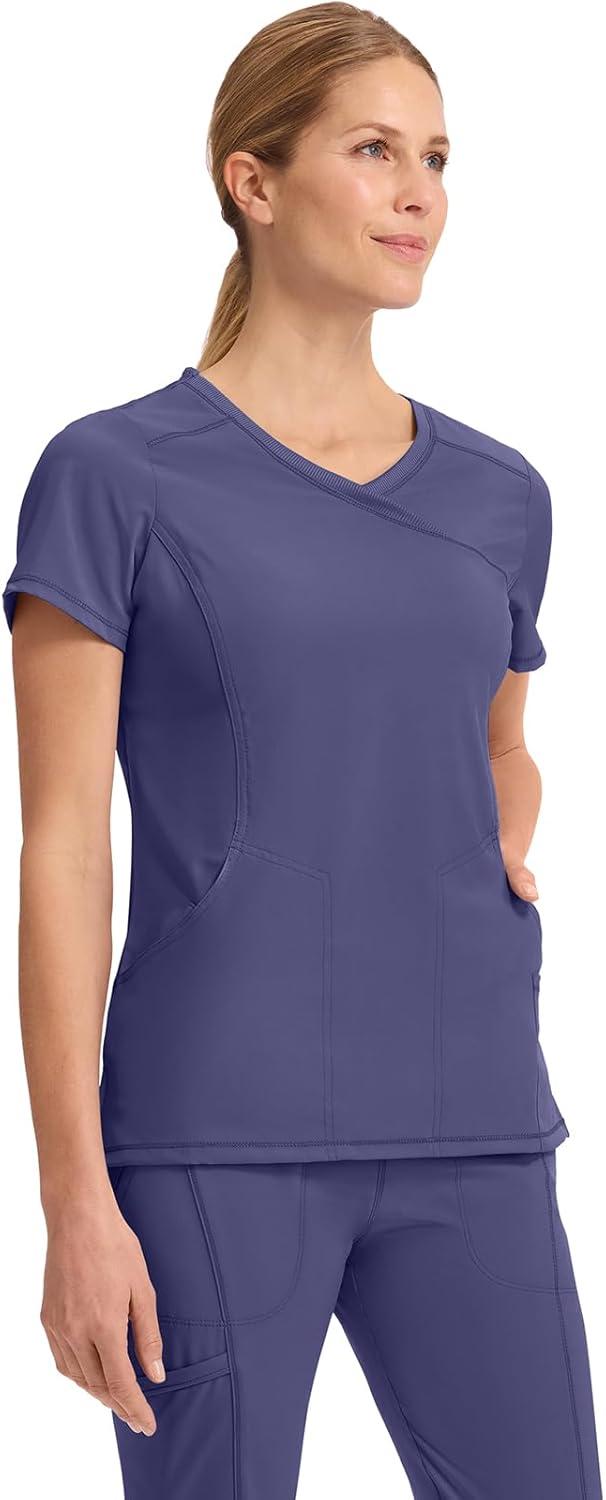 imageCherokee Infinity Womens Mock Wrap Scrub Top 4 Pockets RibKnit Panel MoistureWicking 360 Stretch 2625AGrape