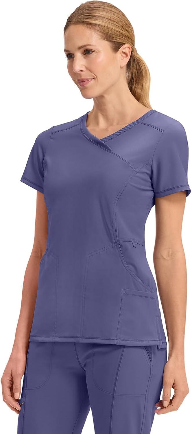 imageCherokee Infinity Womens Mock Wrap Scrub Top 4 Pockets RibKnit Panel MoistureWicking 360 Stretch 2625AGrape