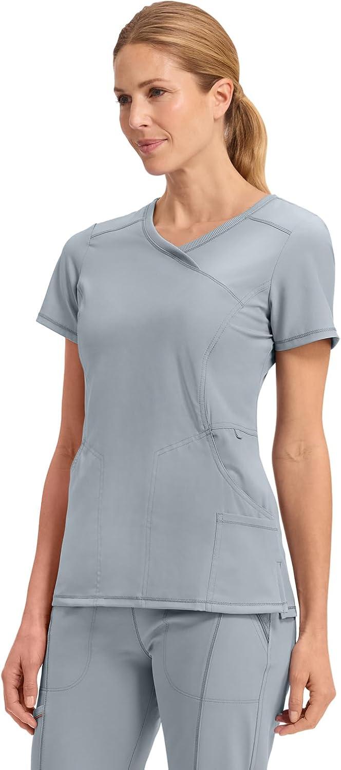 imageCherokee Infinity Womens Mock Wrap Scrub Top 4 Pockets RibKnit Panel MoistureWicking 360 Stretch 2625AGrey