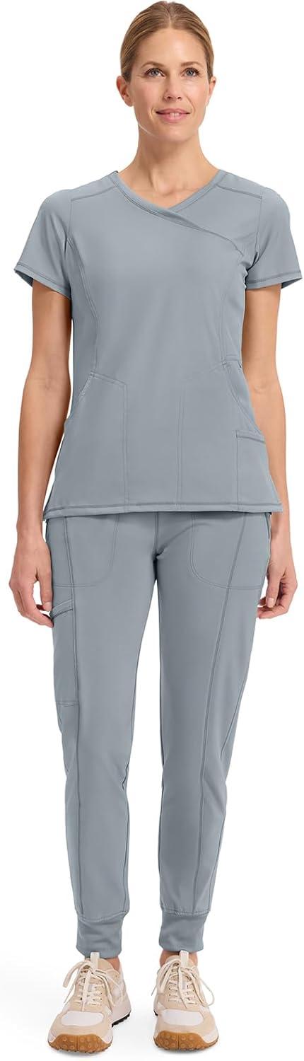 imageCherokee Infinity Womens Mock Wrap Scrub Top 4 Pockets RibKnit Panel MoistureWicking 360 Stretch 2625AGrey