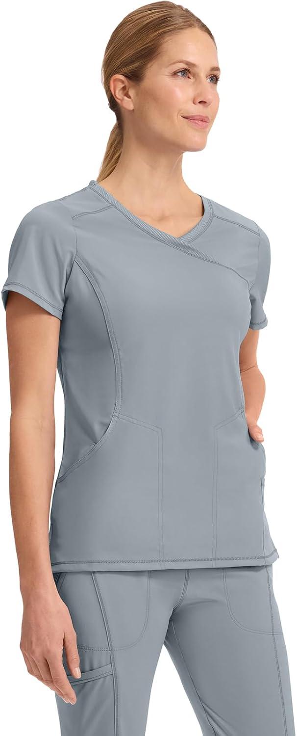 imageCherokee Infinity Womens Mock Wrap Scrub Top 4 Pockets RibKnit Panel MoistureWicking 360 Stretch 2625AGrey