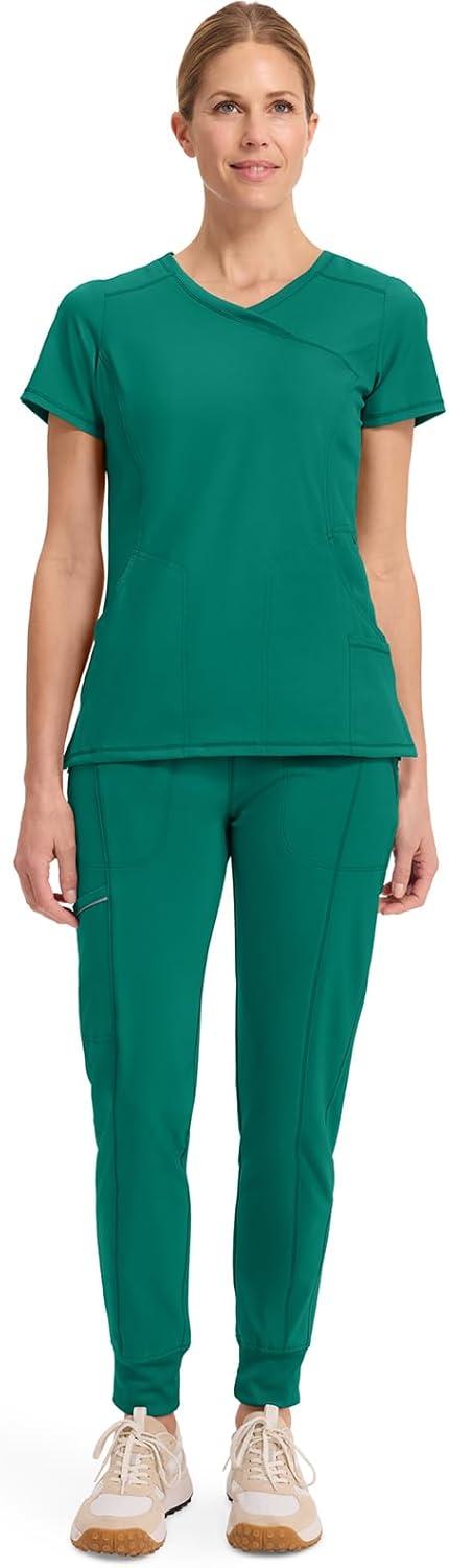 imageCherokee Infinity Womens Mock Wrap Scrub Top 4 Pockets RibKnit Panel MoistureWicking 360 Stretch 2625AHunter Green