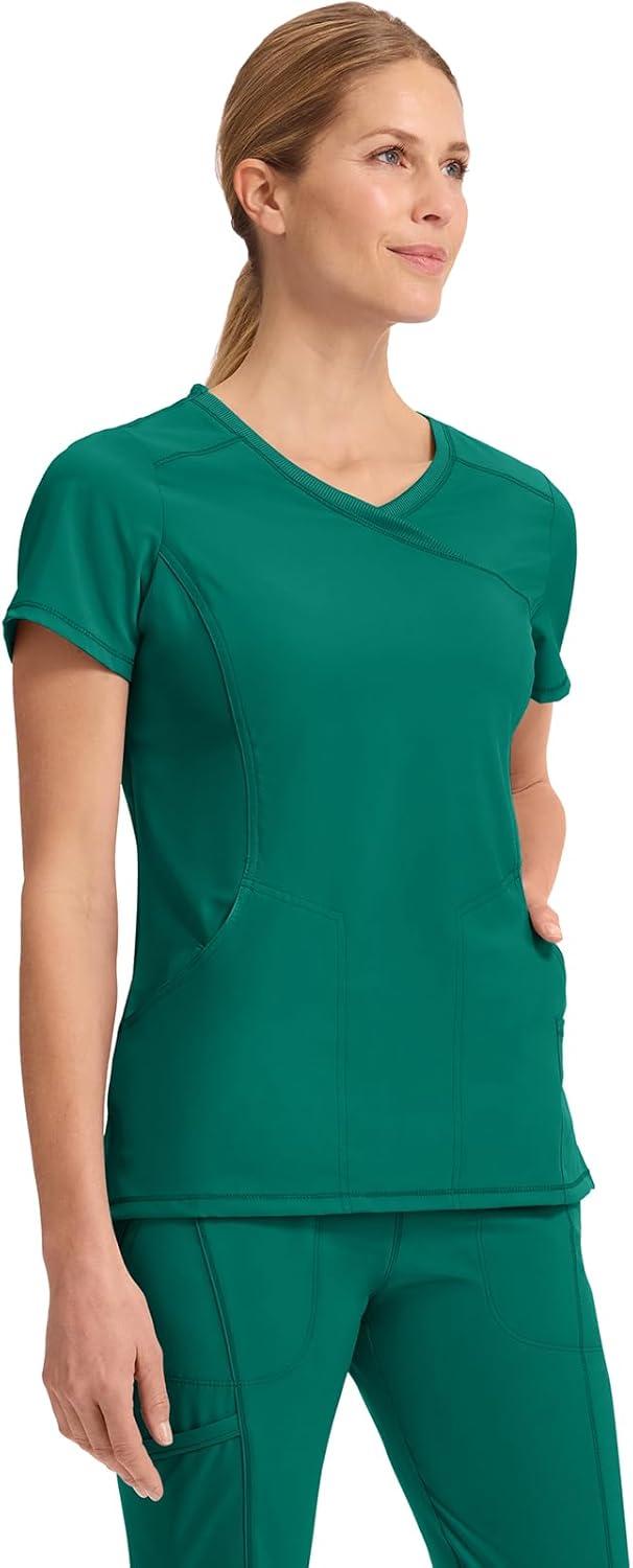 imageCherokee Infinity Womens Mock Wrap Scrub Top 4 Pockets RibKnit Panel MoistureWicking 360 Stretch 2625AHunter Green