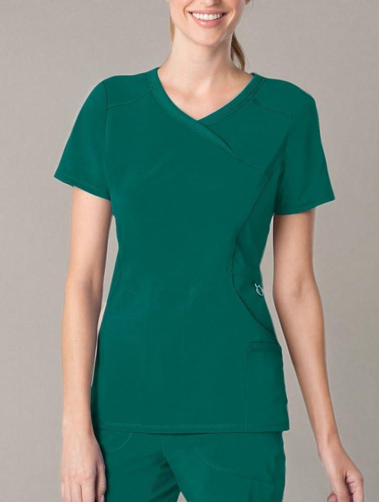 imageCherokee Infinity Womens Mock Wrap Scrub Top 4 Pockets RibKnit Panel MoistureWicking 360 Stretch 2625AHunter Green