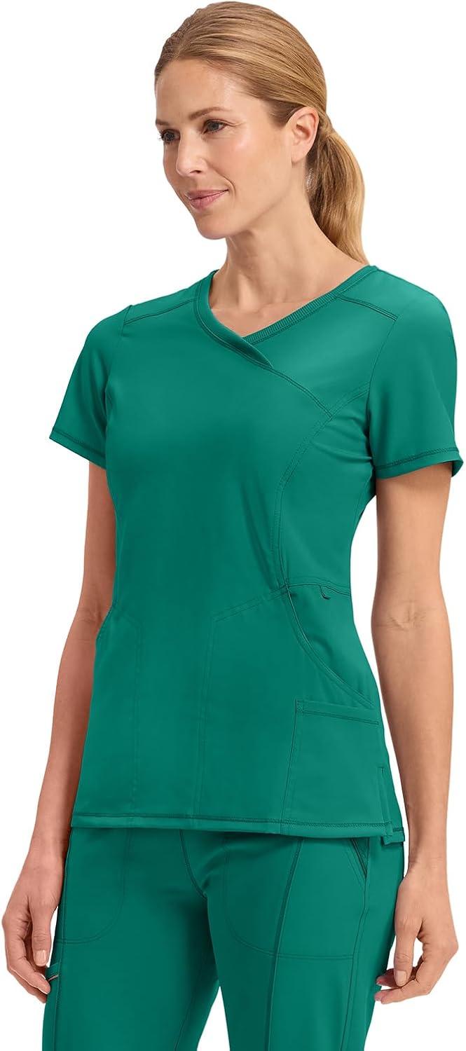 imageCherokee Infinity Womens Mock Wrap Scrub Top 4 Pockets RibKnit Panel MoistureWicking 360 Stretch 2625AHunter Green