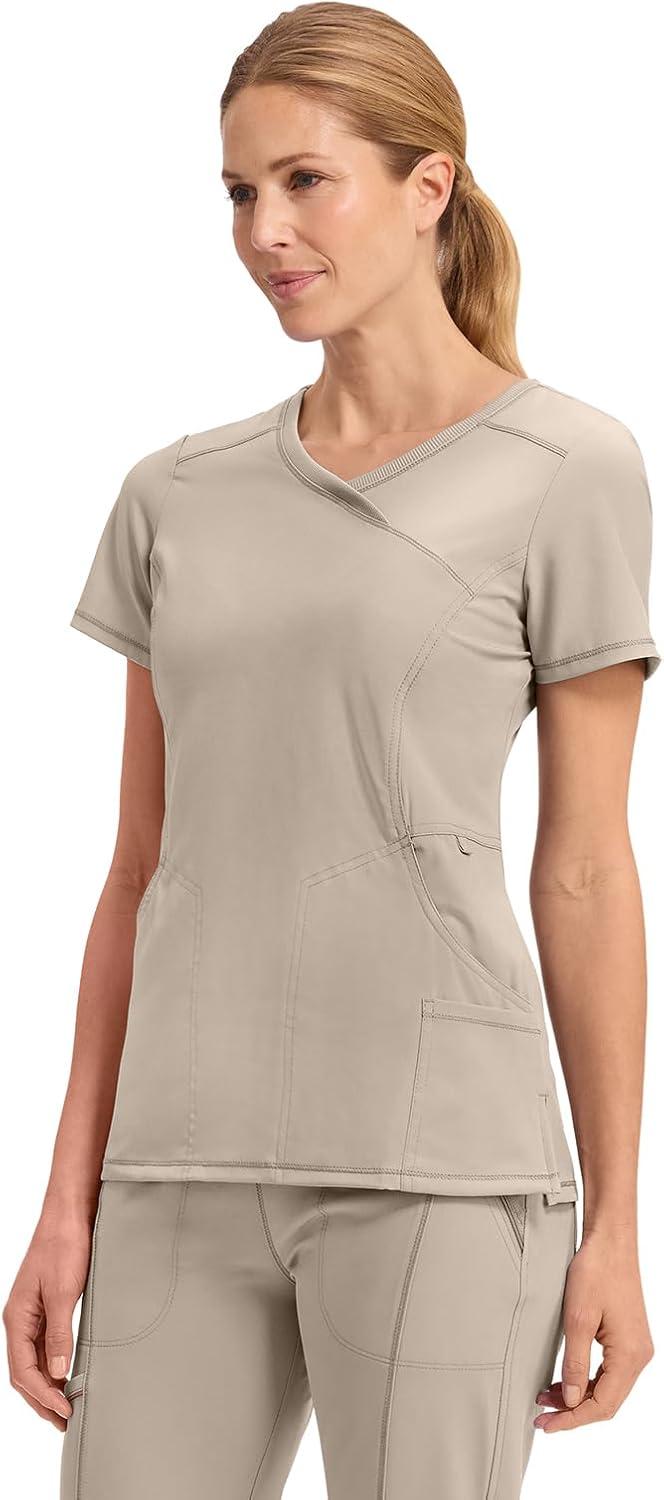 imageCherokee Infinity Womens Mock Wrap Scrub Top 4 Pockets RibKnit Panel MoistureWicking 360 Stretch 2625AKhaki
