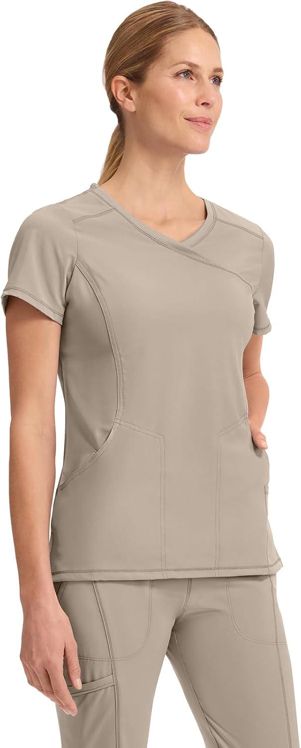 imageCherokee Infinity Womens Mock Wrap Scrub Top 4 Pockets RibKnit Panel MoistureWicking 360 Stretch 2625AKhaki