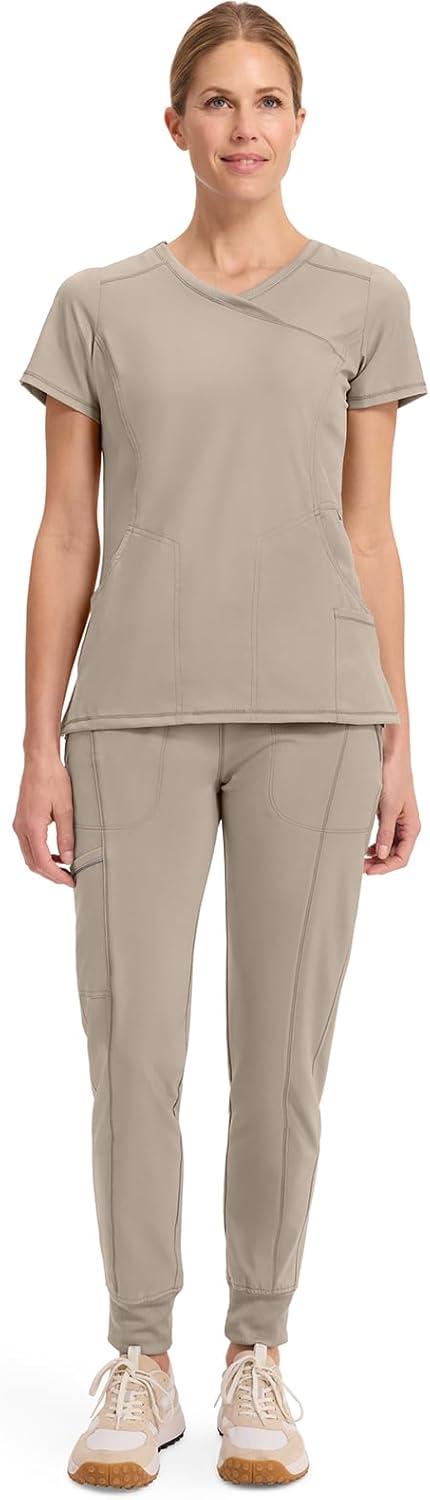 imageCherokee Infinity Womens Mock Wrap Scrub Top 4 Pockets RibKnit Panel MoistureWicking 360 Stretch 2625AKhaki