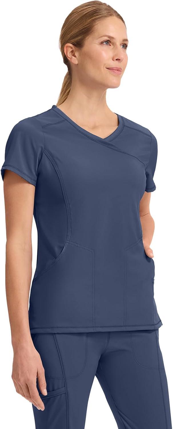 imageCherokee Infinity Womens Mock Wrap Scrub Top 4 Pockets RibKnit Panel MoistureWicking 360 Stretch 2625ANavy