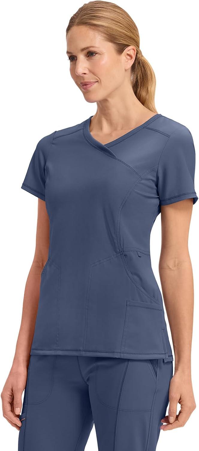 imageCherokee Infinity Womens Mock Wrap Scrub Top 4 Pockets RibKnit Panel MoistureWicking 360 Stretch 2625ANavy