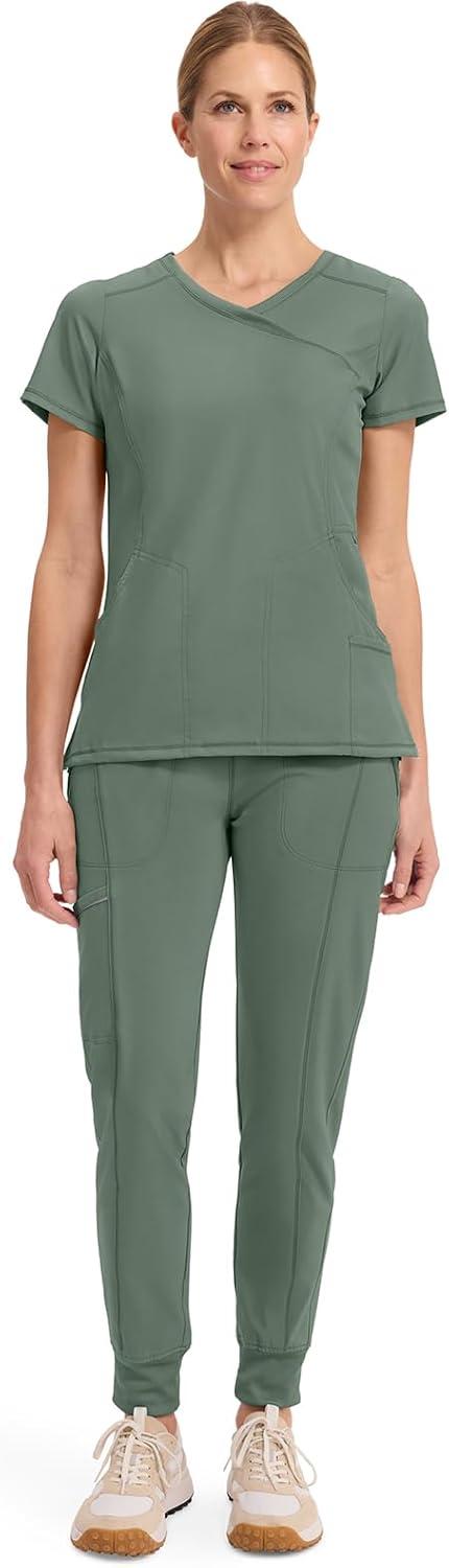 imageCherokee Infinity Womens Mock Wrap Scrub Top 4 Pockets RibKnit Panel MoistureWicking 360 Stretch 2625AOlive
