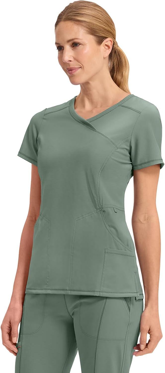 imageCherokee Infinity Womens Mock Wrap Scrub Top 4 Pockets RibKnit Panel MoistureWicking 360 Stretch 2625AOlive