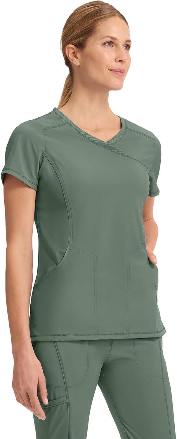 imageCherokee Infinity Womens Mock Wrap Scrub Top 4 Pockets RibKnit Panel MoistureWicking 360 Stretch 2625AOlive
