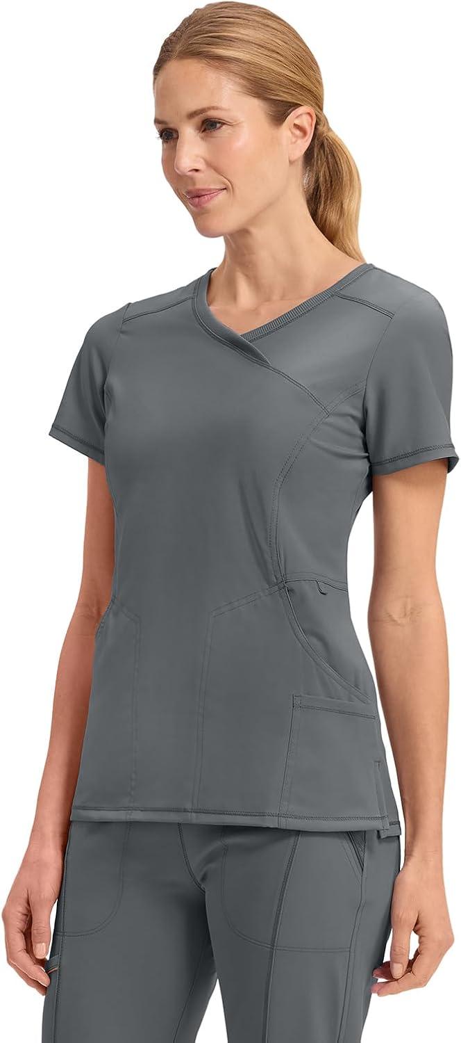 imageCherokee Infinity Womens Mock Wrap Scrub Top 4 Pockets RibKnit Panel MoistureWicking 360 Stretch 2625APewter