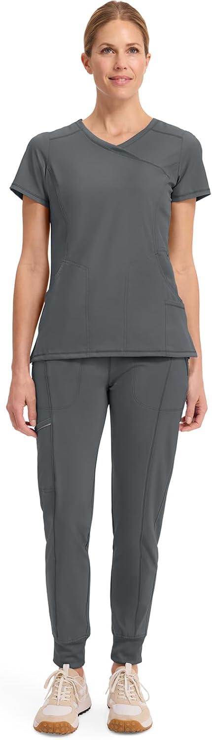 imageCherokee Infinity Womens Mock Wrap Scrub Top 4 Pockets RibKnit Panel MoistureWicking 360 Stretch 2625APewter