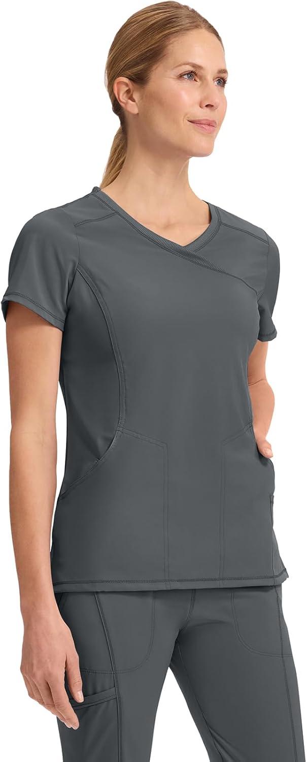 imageCherokee Infinity Womens Mock Wrap Scrub Top 4 Pockets RibKnit Panel MoistureWicking 360 Stretch 2625APewter