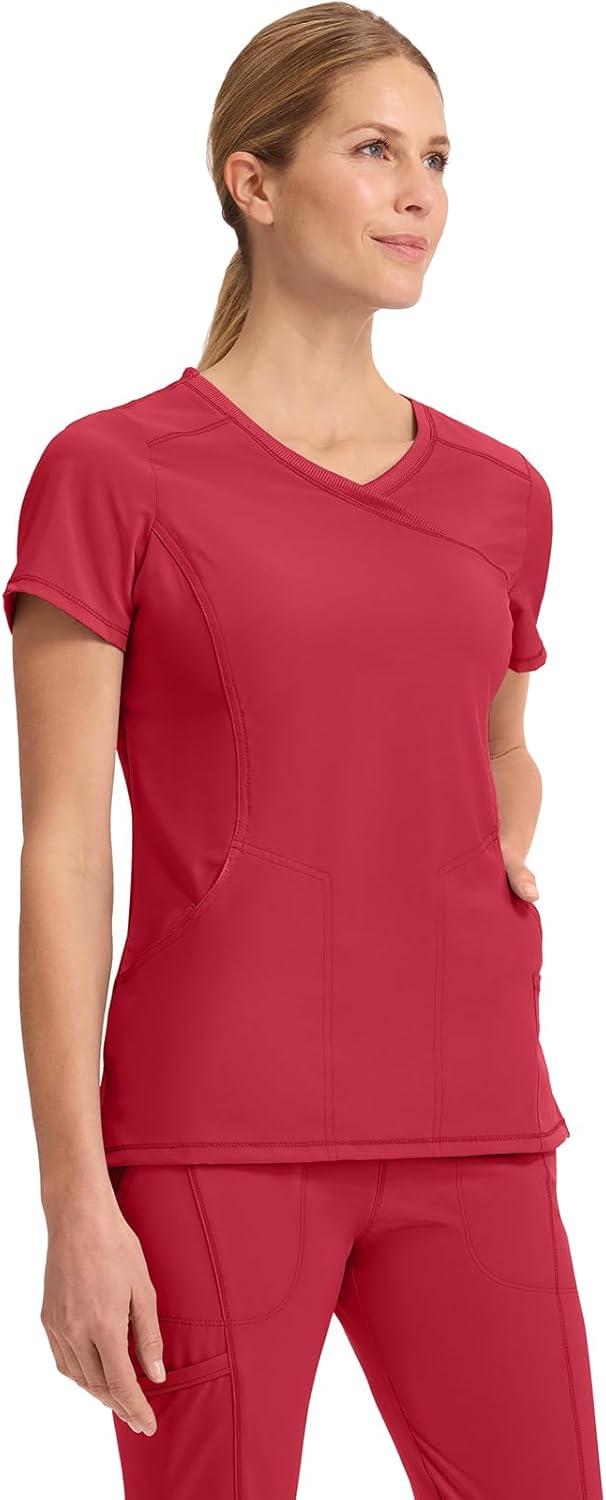 imageCherokee Infinity Womens Mock Wrap Scrub Top 4 Pockets RibKnit Panel MoistureWicking 360 Stretch 2625ARed