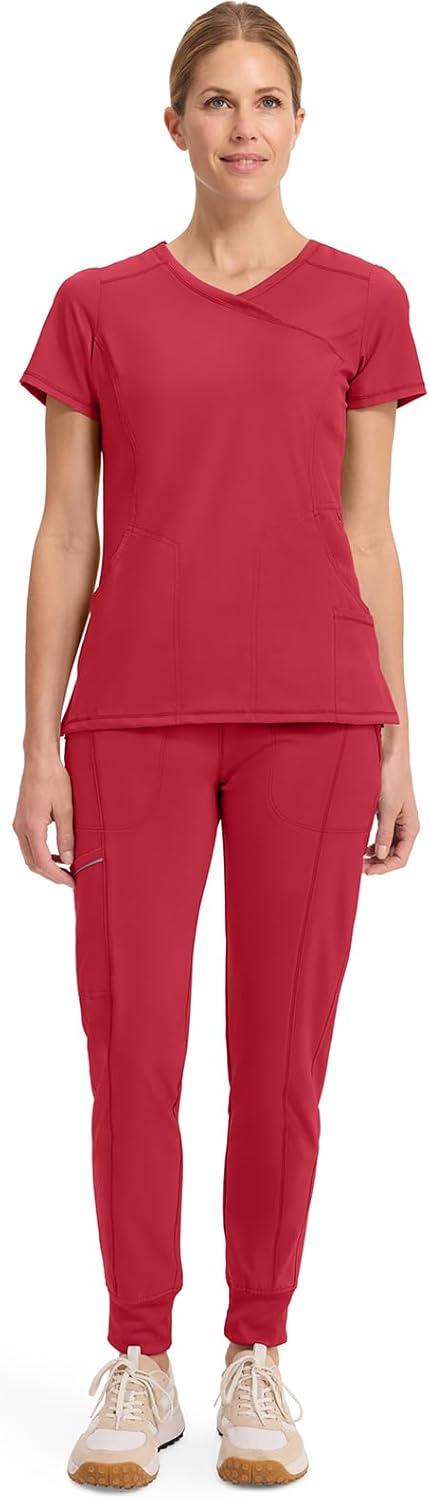 imageCherokee Infinity Womens Mock Wrap Scrub Top 4 Pockets RibKnit Panel MoistureWicking 360 Stretch 2625ARed