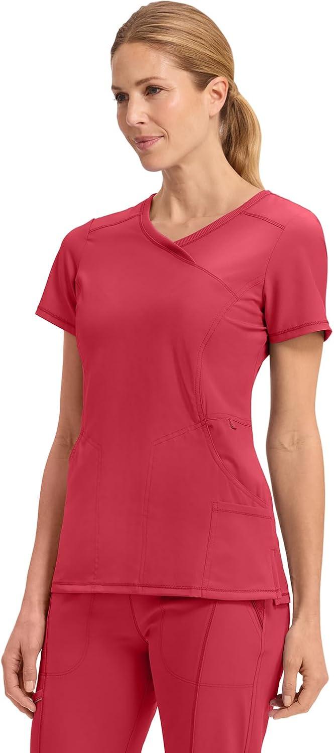 imageCherokee Infinity Womens Mock Wrap Scrub Top 4 Pockets RibKnit Panel MoistureWicking 360 Stretch 2625ARed