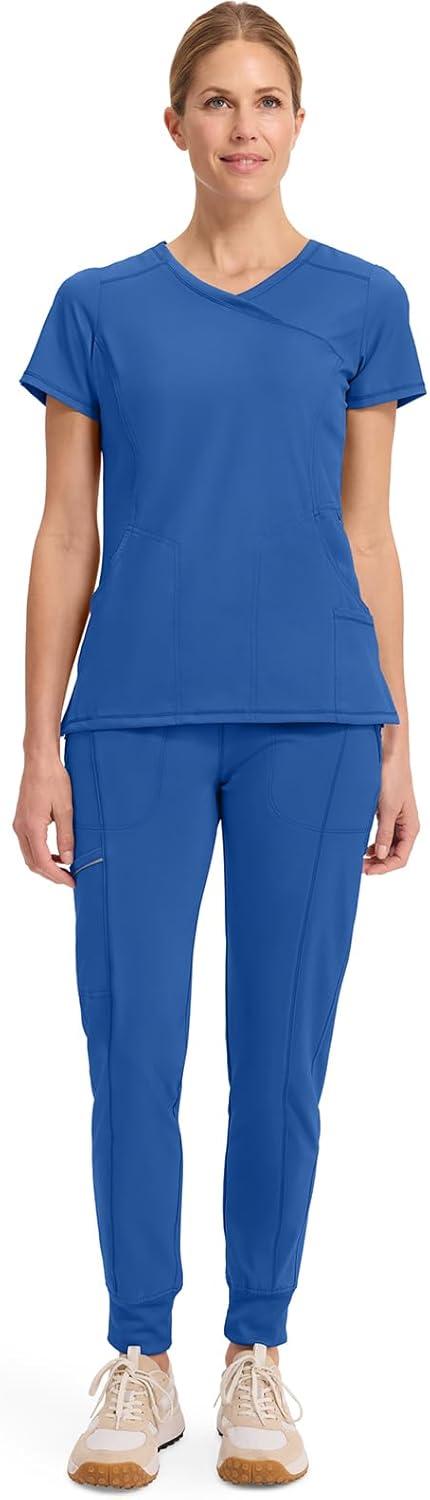 imageCherokee Infinity Womens Mock Wrap Scrub Top 4 Pockets RibKnit Panel MoistureWicking 360 Stretch 2625ARoyal