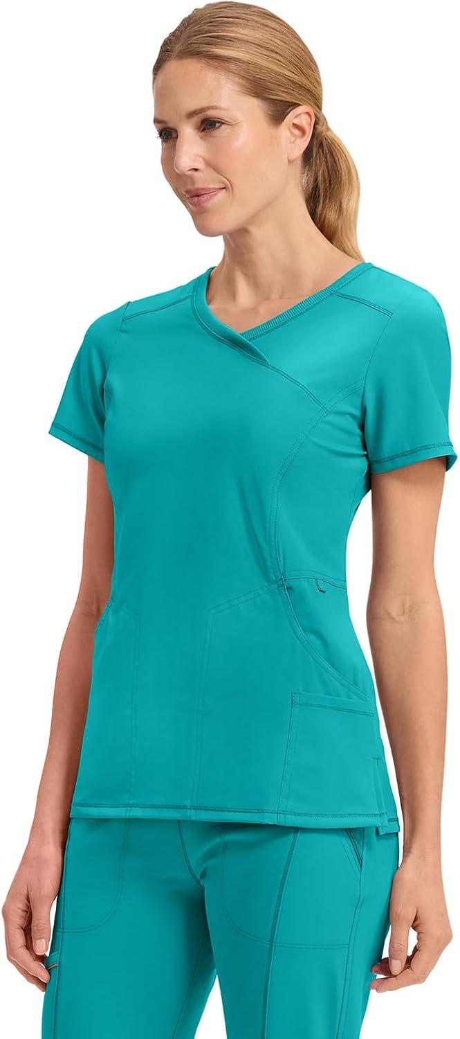 imageCherokee Infinity Womens Mock Wrap Scrub Top 4 Pockets RibKnit Panel MoistureWicking 360 Stretch 2625ATeal Blue