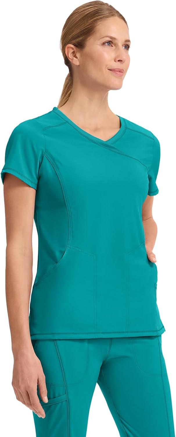 imageCherokee Infinity Womens Mock Wrap Scrub Top 4 Pockets RibKnit Panel MoistureWicking 360 Stretch 2625ATeal Blue