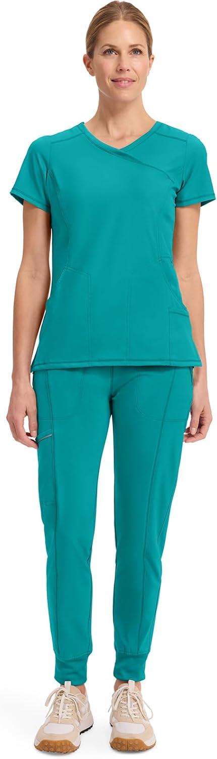 imageCherokee Infinity Womens Mock Wrap Scrub Top 4 Pockets RibKnit Panel MoistureWicking 360 Stretch 2625ATeal Blue