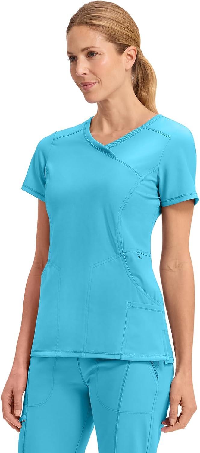 imageCherokee Infinity Womens Mock Wrap Scrub Top 4 Pockets RibKnit Panel MoistureWicking 360 Stretch 2625ATurquoise